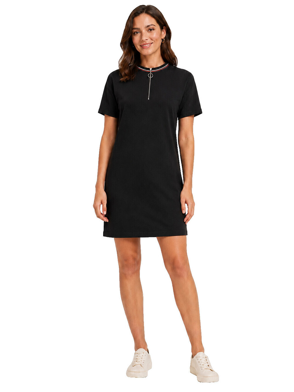 Zara Basic Womens S Black Zip Neck Pocket T Shirt Shift Dress Short Sleeve EUC